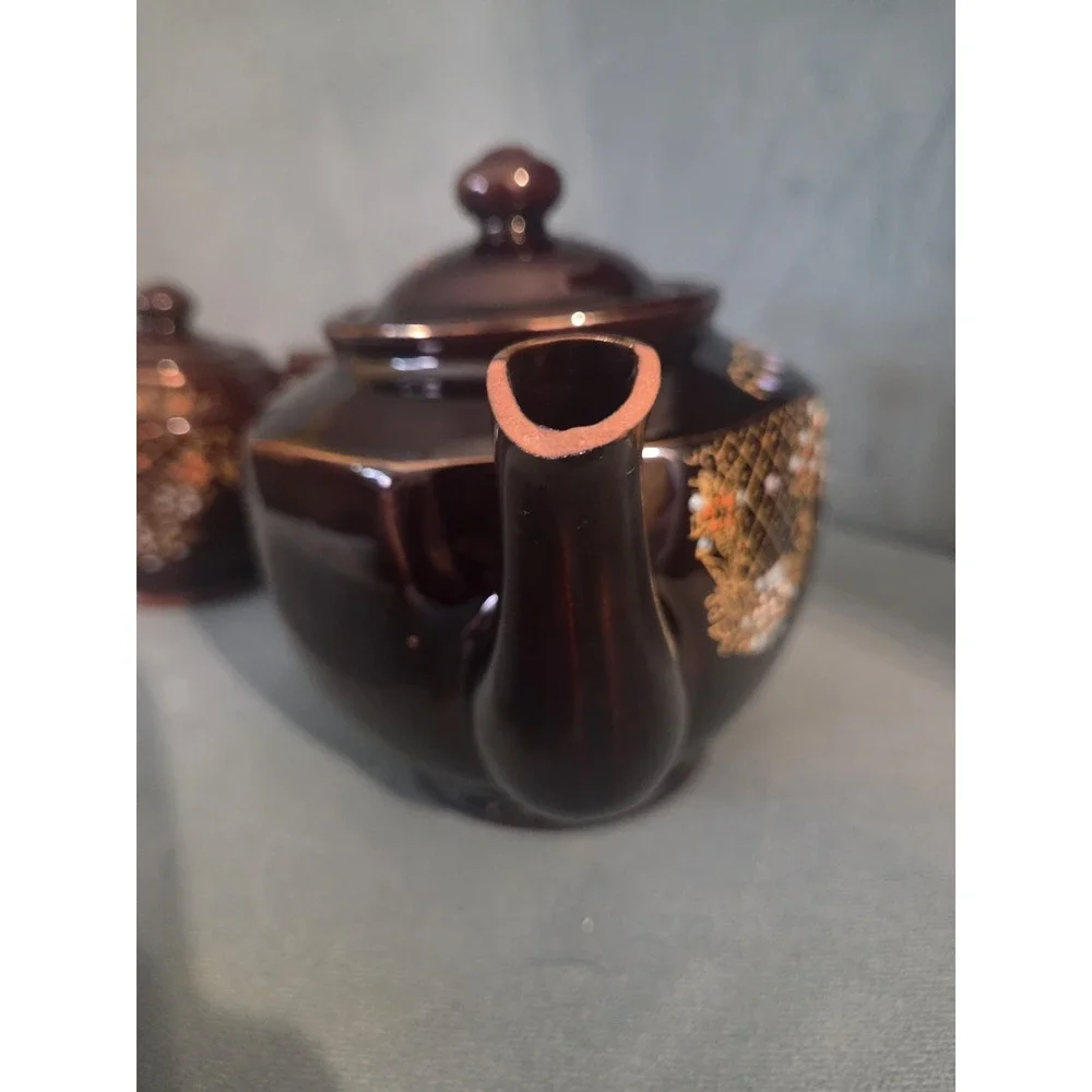 Vtg Brown Betty Redware Teapot Moriage Enamel Hand Painted Japan Set Of 4
